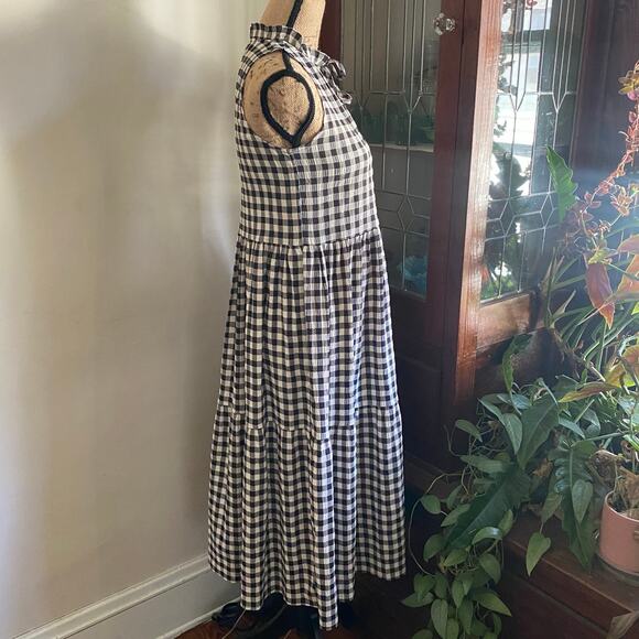BB Dakota Gingham Tiered Midi Dress XS Black Sleeveless Peasant Cottage Bohochic - Picture 3 of 17